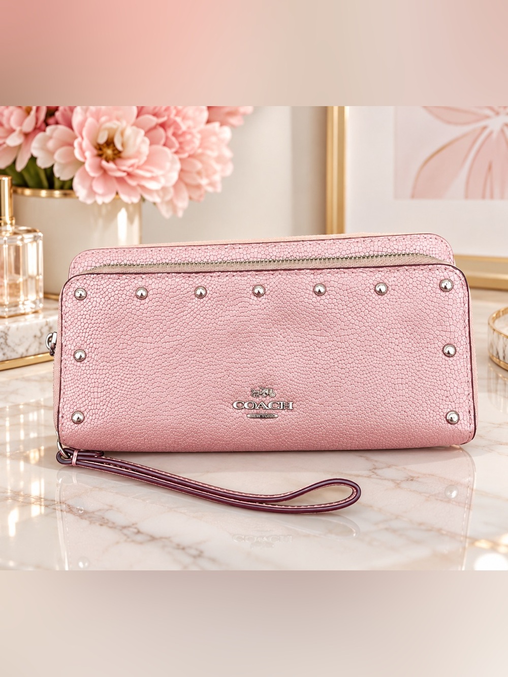 Coach Floral Studded Wallet Pebbled Leather baby pink blush Accordion Zip Y2K